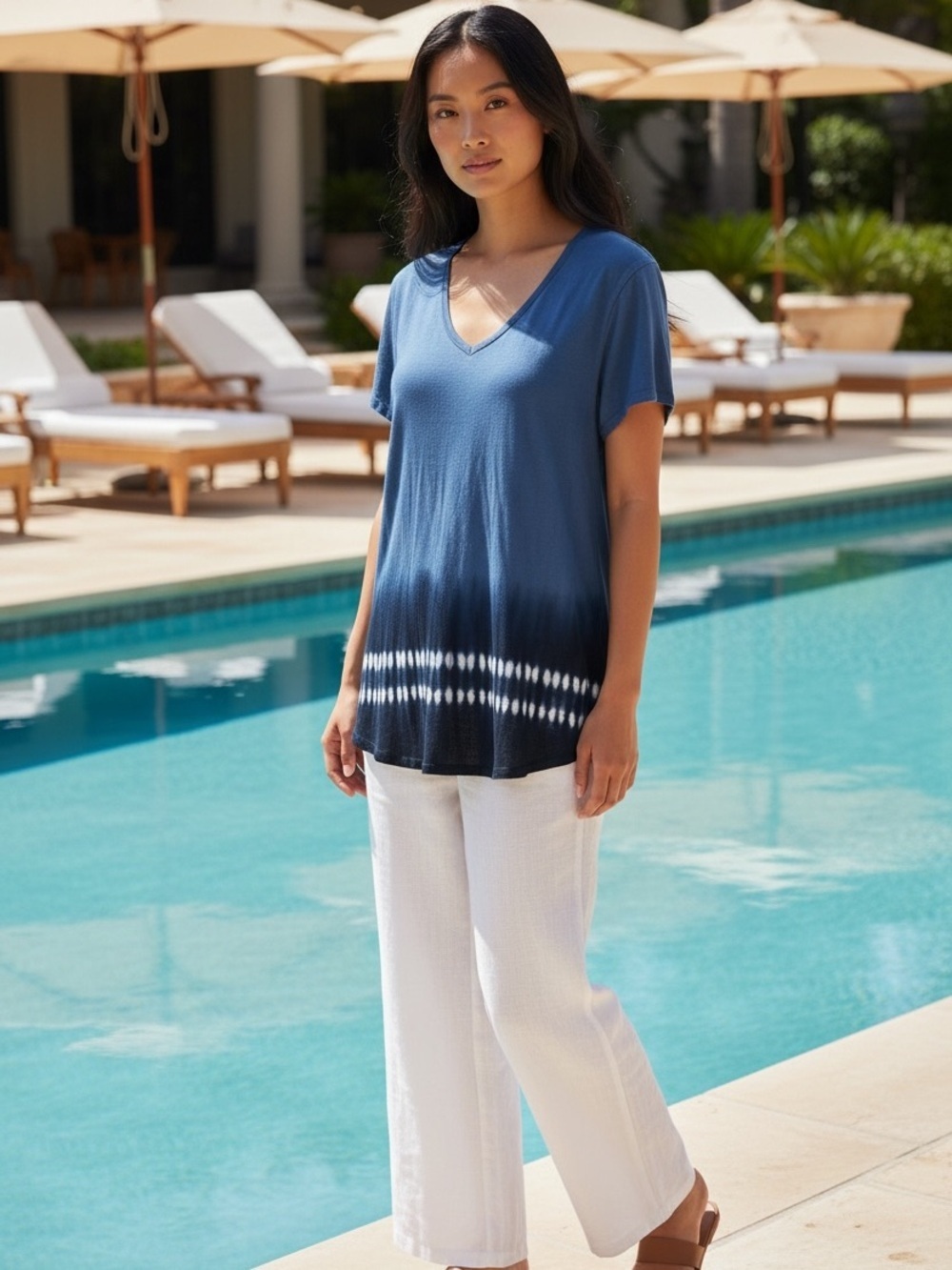NORMATIC TRADER BLUE TIE DYE OMBRE V-NECK BEACH RESORT POOL TUNIC TOP SZ L